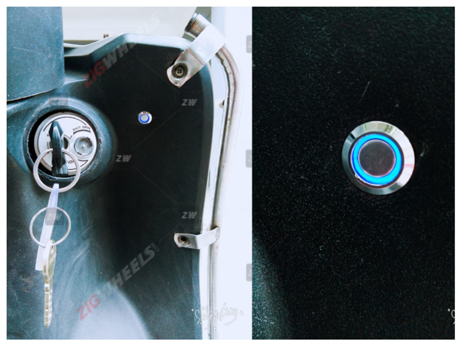 Apron-mounted button with a blue backlight